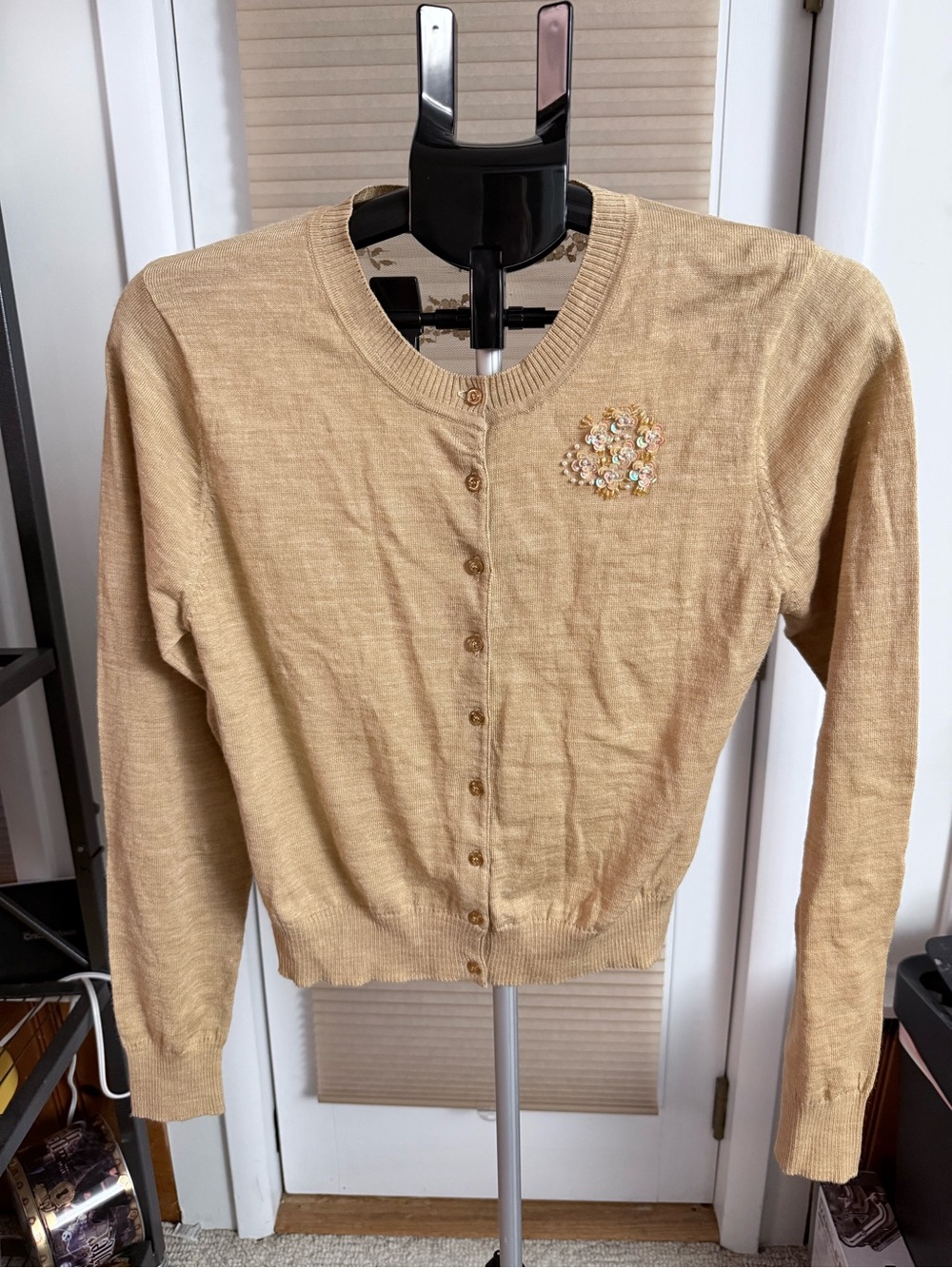 Golden Tan floral sequin Embellished Crewneck Cardigan Sweater sheer lace back L